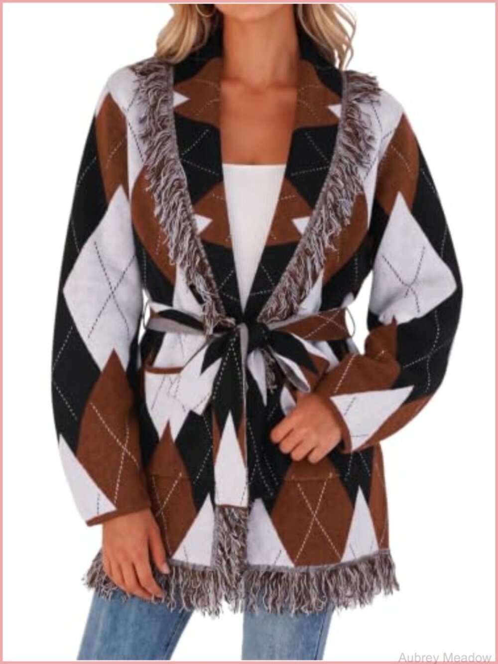 Women's Argyle Fringe Shawl Collar Cardigan Sweater with Belt
